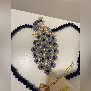 Majestic Blue and Gold Peacock Pendant Necklace
